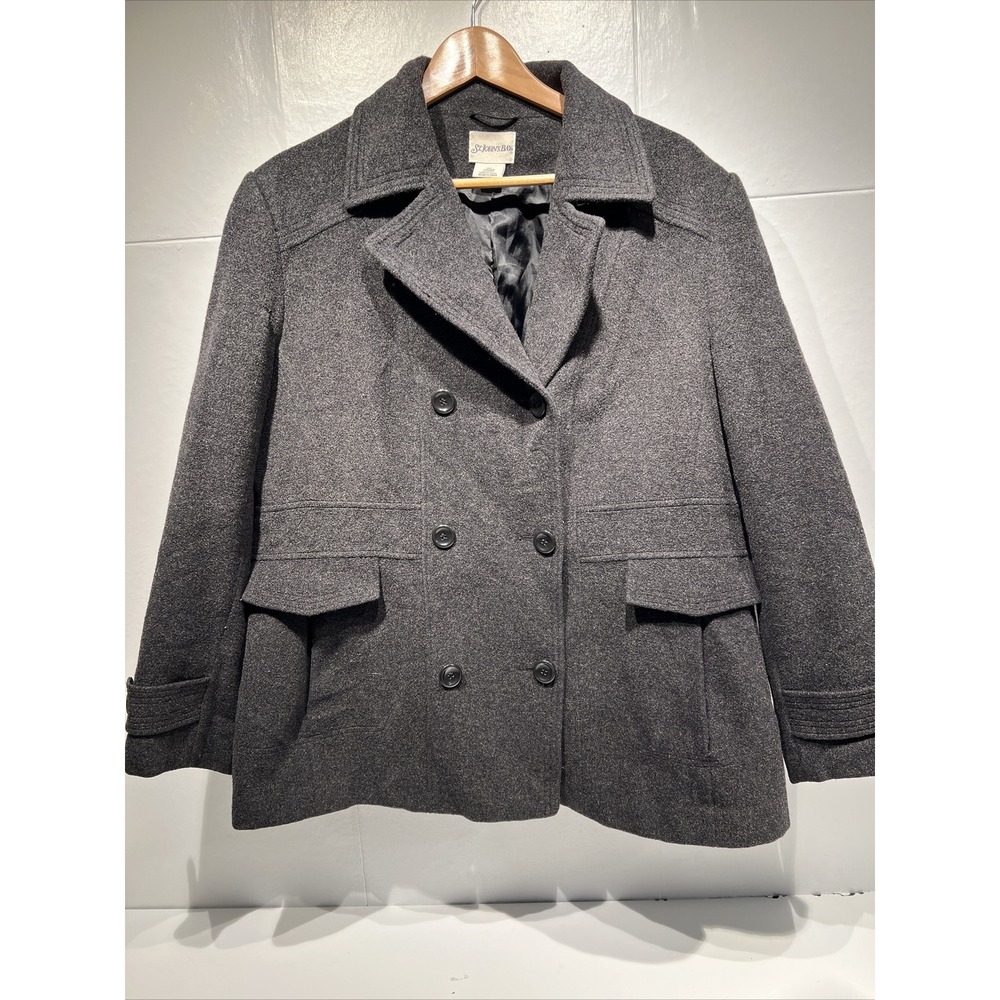 ST JOHNS BAY Womens 1X Petite Charcoal Wool‎ Blend Double Breasted Peacoat